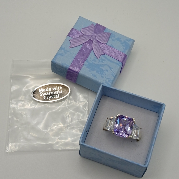 Purple Swarovski Crystal Cushion Cut Ring Silver Tone Statement - Picture 12 of 12